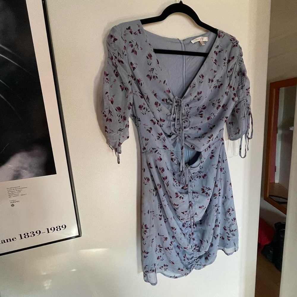 WAYF light blue floral print mini dress with cinched front and front cutout